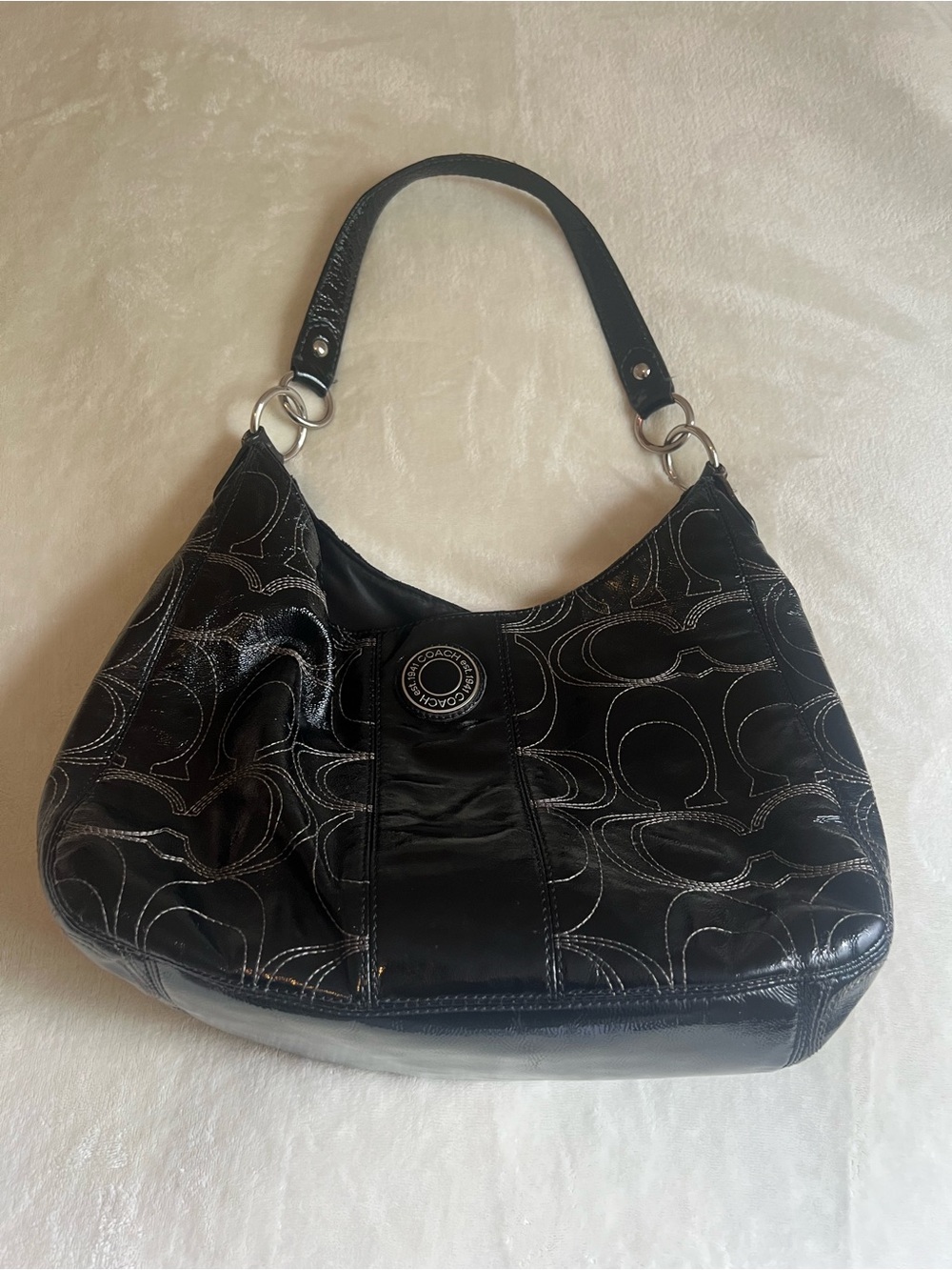 Coach Signature Stotched Black Patent Leather Signature Hobo Shoulder Bag